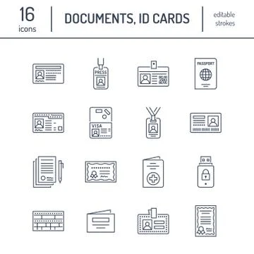 Documents, identity vector flat line icons. ID cards, passport, press access Stock Illustration