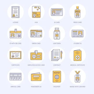 Documents, identity vector flat line icons. ID cards, passport, press access Stock Illustration
