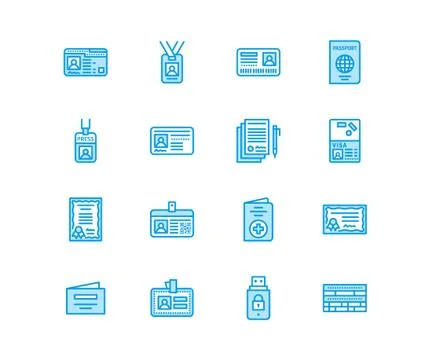 Documents, identity vector flat line icons. ID cards, passport, press access Stock Illustration
