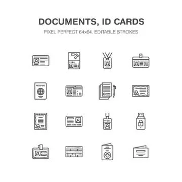 Documents, identity vector flat line icons. ID cards, passport, press access Stock Illustration
