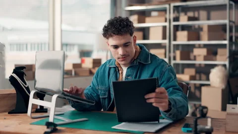 Documents, laptop and man with boxes for shipping, supply chain and logistics Stock Footage 314788929