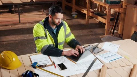 Documents, laptop and man in workshop for construction contract, material s.. Stock Photos