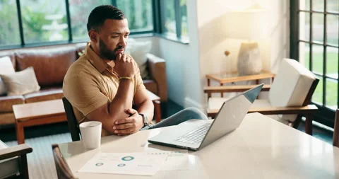 Documents, laptop and problem solving with freelance man in home office for Stock Footage 311150008