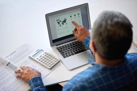 Documents, laptop screen or man with research in office for population data Stock Photos