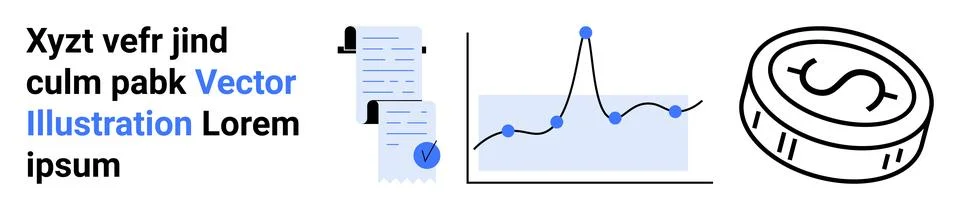 Documents, line chart with data points, dollar coin symbol. Ideal for financi Stock Illustration