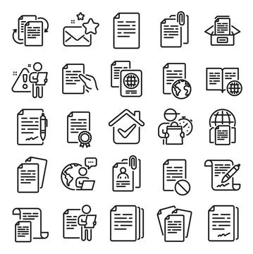 Documents line icons. Copy files, Contract agreement, Passport. Certificate doc Stock Illustration