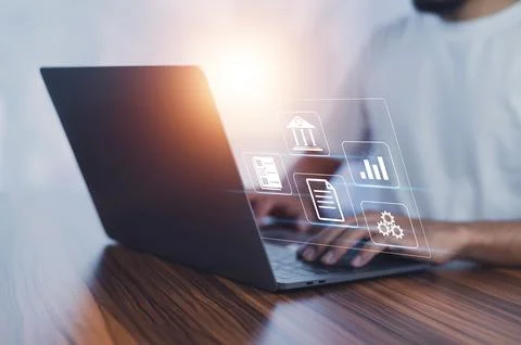 Documents management information system concept, Businessman using computer.. Stock Photos