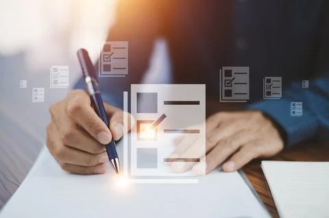 Documents management information system concept, Businessman using visual s.. Stock Photos