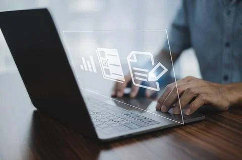 Documents management information system concept, Businessman using computer.. Foto stock