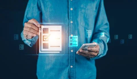 Documents management information system concept, Businessman using visual s.. Foto stock