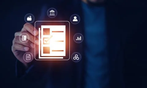 Documents management information system concept, Businessman using visual s.. Stock Photos