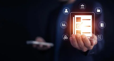 Documents management information system concept, Businessman using visual s.. Stock-Fotos