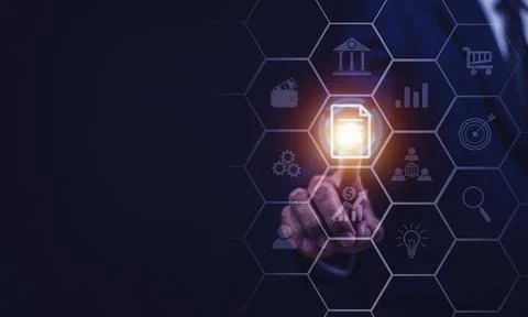 Documents management information system concept, Businessman using visual s.. Stock Photos