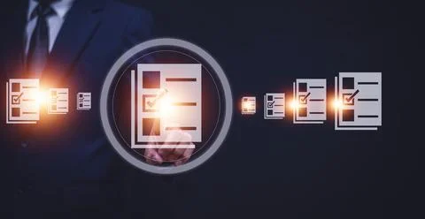 Documents management information system concept, Businessman using visual s.. Stock Photos