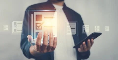 Documents management information system concept, Businessman using visual s.. Foto stock