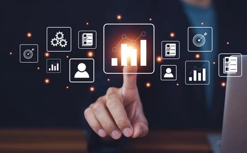 Documents management information system concept, Businessman using visual s.. Stock Photos