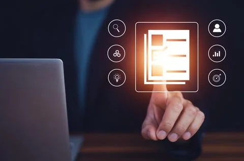 Documents management information system concept, Businessman using visual s.. Stock Photos