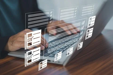 Documents management information system concept, Businessman using visual s.. Stock Photos