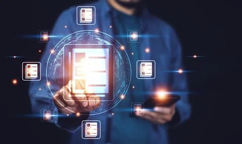 Documents management information system concept, Businessman using visual s.. Stock Photos