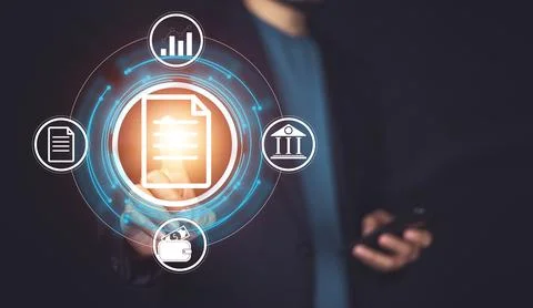 Documents management information system concept, Businessman using visual s.. Stock Photos