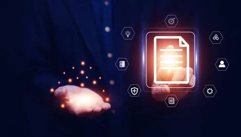 Documents management information system concept, Businessman using visual s.. Stock Photos