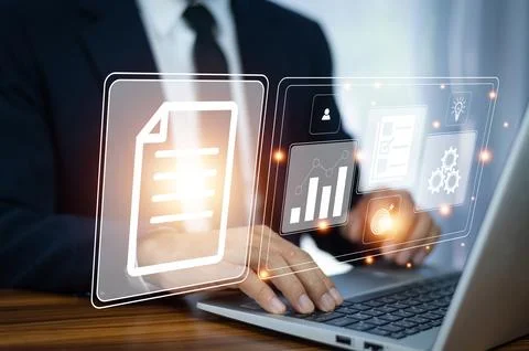 Documents management information system concept, Businessman using visual s.. Stock Photos