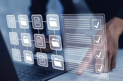 Documents management information system concept, Businessman using visual s.. Stock Photos