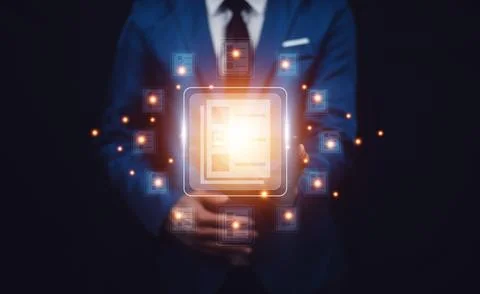 Documents management information system concept, Businessman using visual s.. Stock Photos