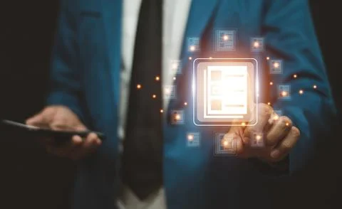 Documents management information system concept, Businessman using visual s.. Stock Photos