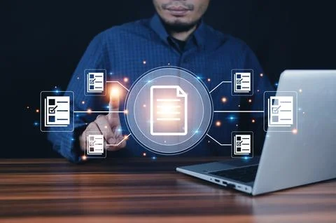 Documents management information system concept, Businessman using visual s.. Foto stock