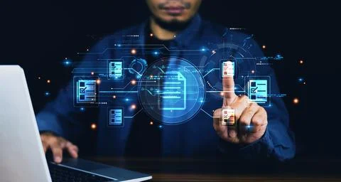 Documents management information system concept, Businessman using visual s.. Stock Photos