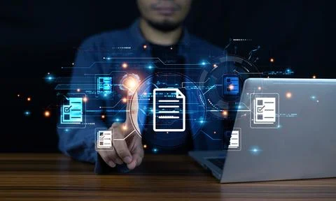 Documents management information system concept, Businessman using visual s.. Stock Photos