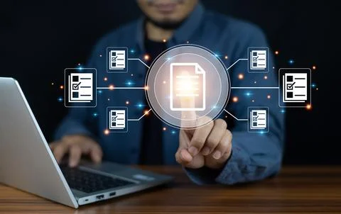 Documents management information system concept, Businessman using visual s.. Stock Photos