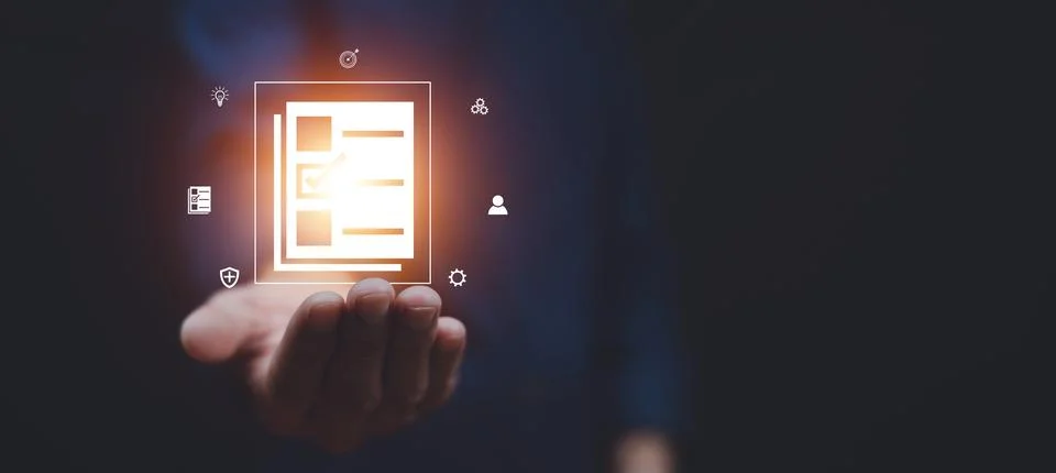 Documents management information system concept, Businessman using visual s.. Foto stock