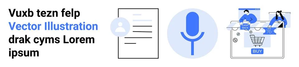 Documents, microphone, and e-commerce elements showcase modern digital commun Stock Illustration