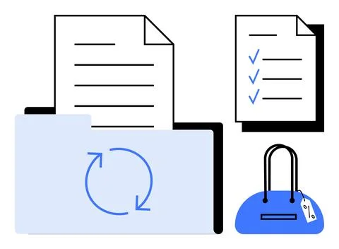 Documents in open folder with refresh sign, checklist with three checks, and  Stock Illustration