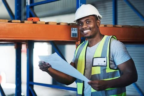 Documents, portrait and black man in factory, supply chain or schedule for Foto stock