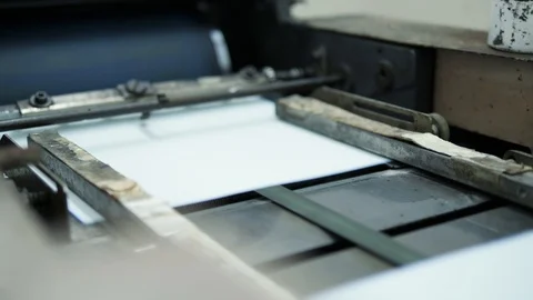 Documents Printing on Vintage Old Conveyor Machine in Retro Style Typography. 4K Stock Footage 87552006