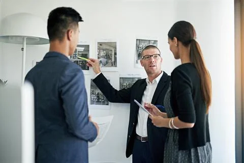 Documents, problem solving and business people in meeting with images of office Stock Photos