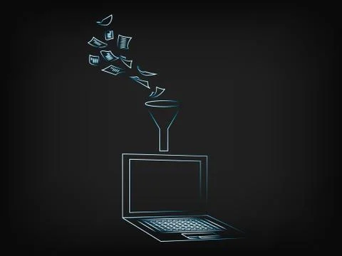 Documents processed into laptop through a funnel Illustrazione stock