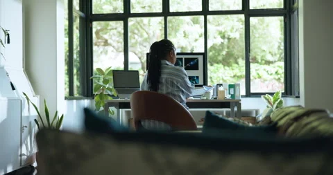 Documents, remote work and back of woman on computer for online project, website Stock Footage 321057667