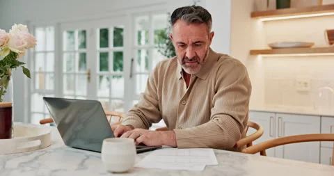 Documents, remote work and man with laptop in home for finance report with tax Stock Footage 337761892