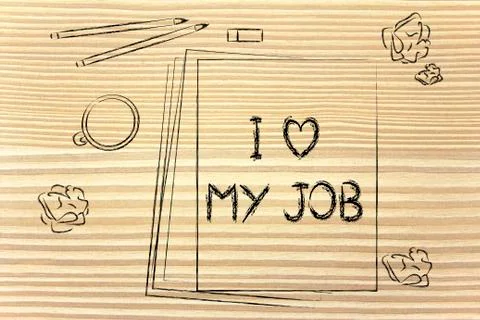 Documents saying I love my job among other objects on the desk Stock Illustration