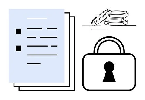 Documents, secure lock, and stacked coins representing data privacy, security Stock Illustration