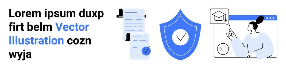 Documents, shield with checkmark, and person in email interface. Ideal for on Stock Illustration