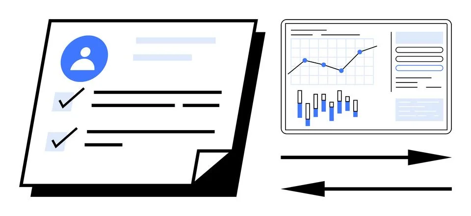 Documents showcasing personal profile with checklist and data analytics dashb Stock Illustration