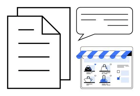 Documents, speech bubble, and online shopping website with handbags and blue  Stockillustratie