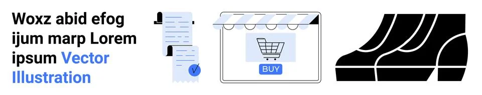 Documents stack, storefront with BUY button, and pair of shoes. Ideal for onl Stock Illustration
