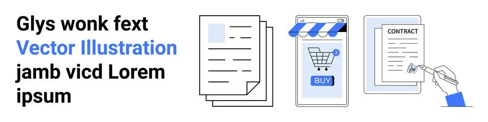 Documents stacked, online storefront with shopping cart icon and Buy button,  库存插图