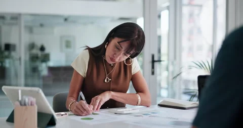 Documents, tablet and writing with business woman in office for collaboration on Stock Footage 320459857